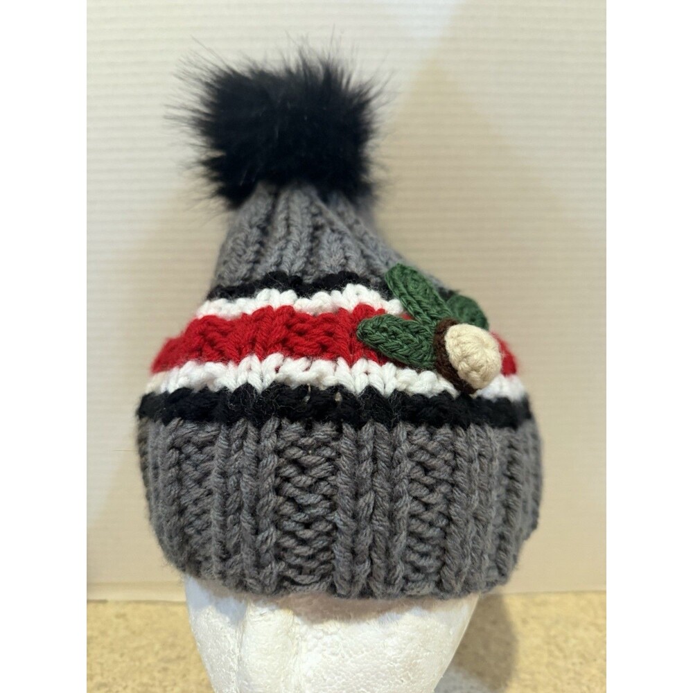 Handmade Knit Buckeye Beanie Gray Black Red Fur Pom Ohio State Colors